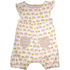 Baby Boden Girl 0 3 Mos Pink Green Elephant Romper Cotton Pockets 1pc Shortall